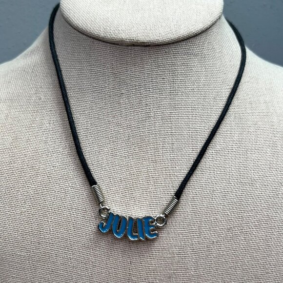 Personalized Julie Necklace Blue Enamel Black Cord Spellout Name - Picture 2 of 5